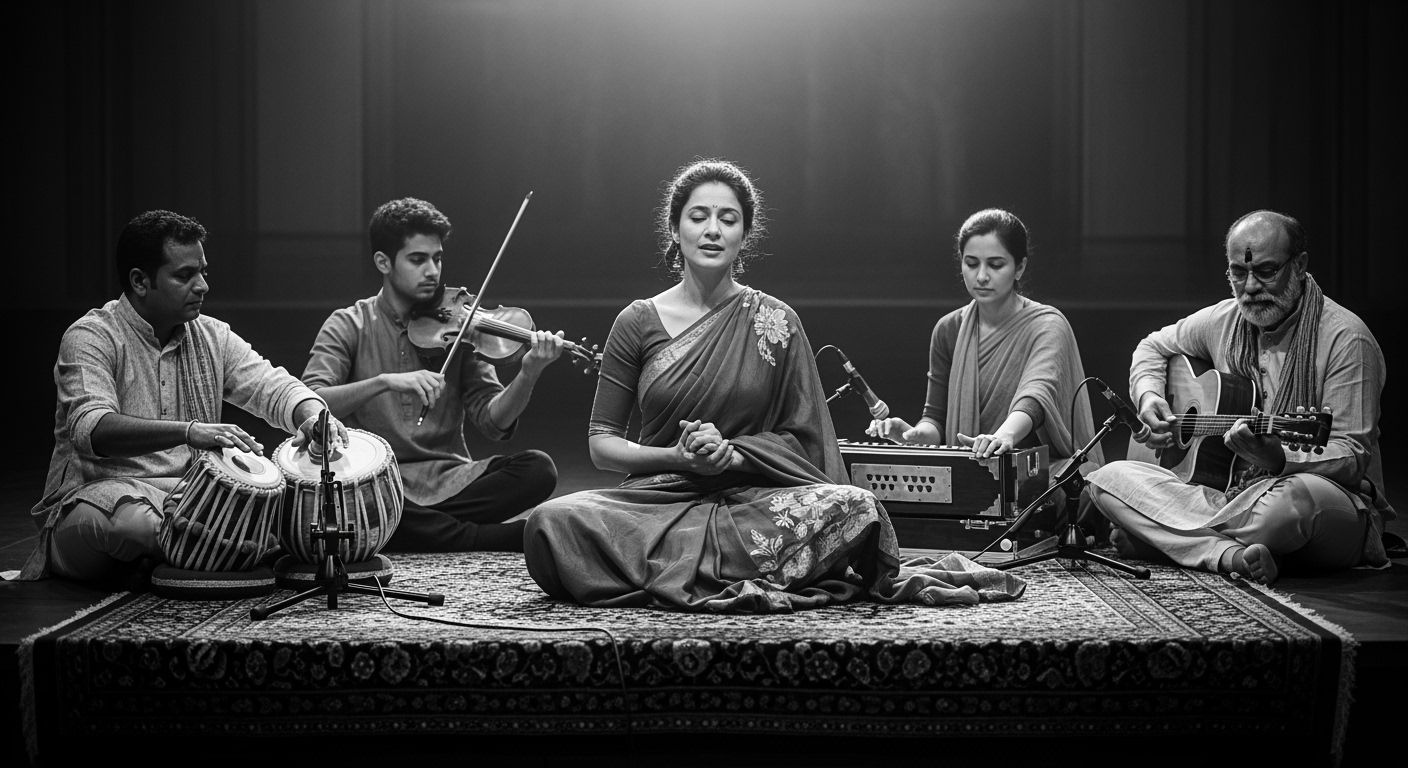 Indian Singer Performing with Musicians on Stage