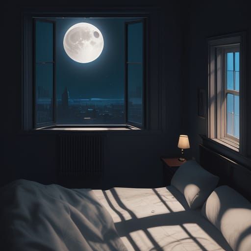 Stylized Moon Outside Silhouetted Window Comic Art