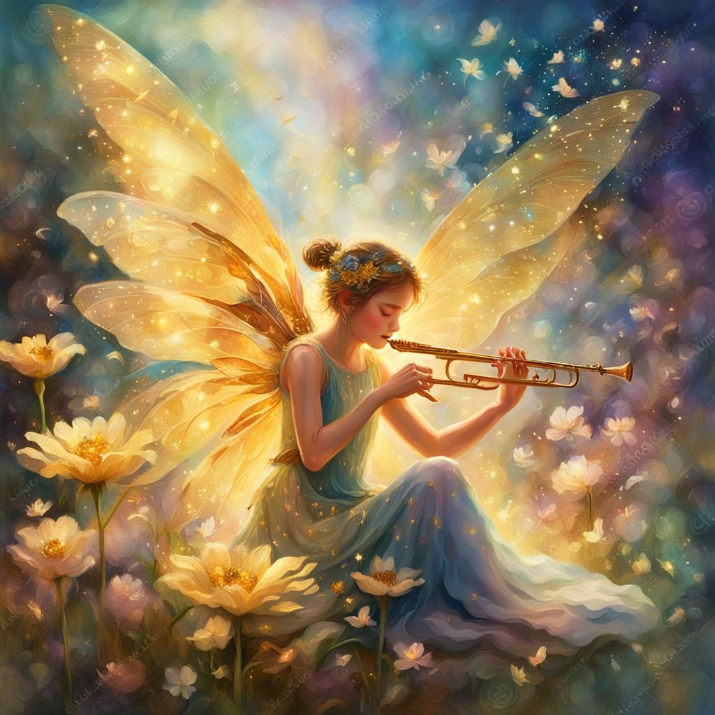 Fairy Playing Flute in Flower, Impressionist Art