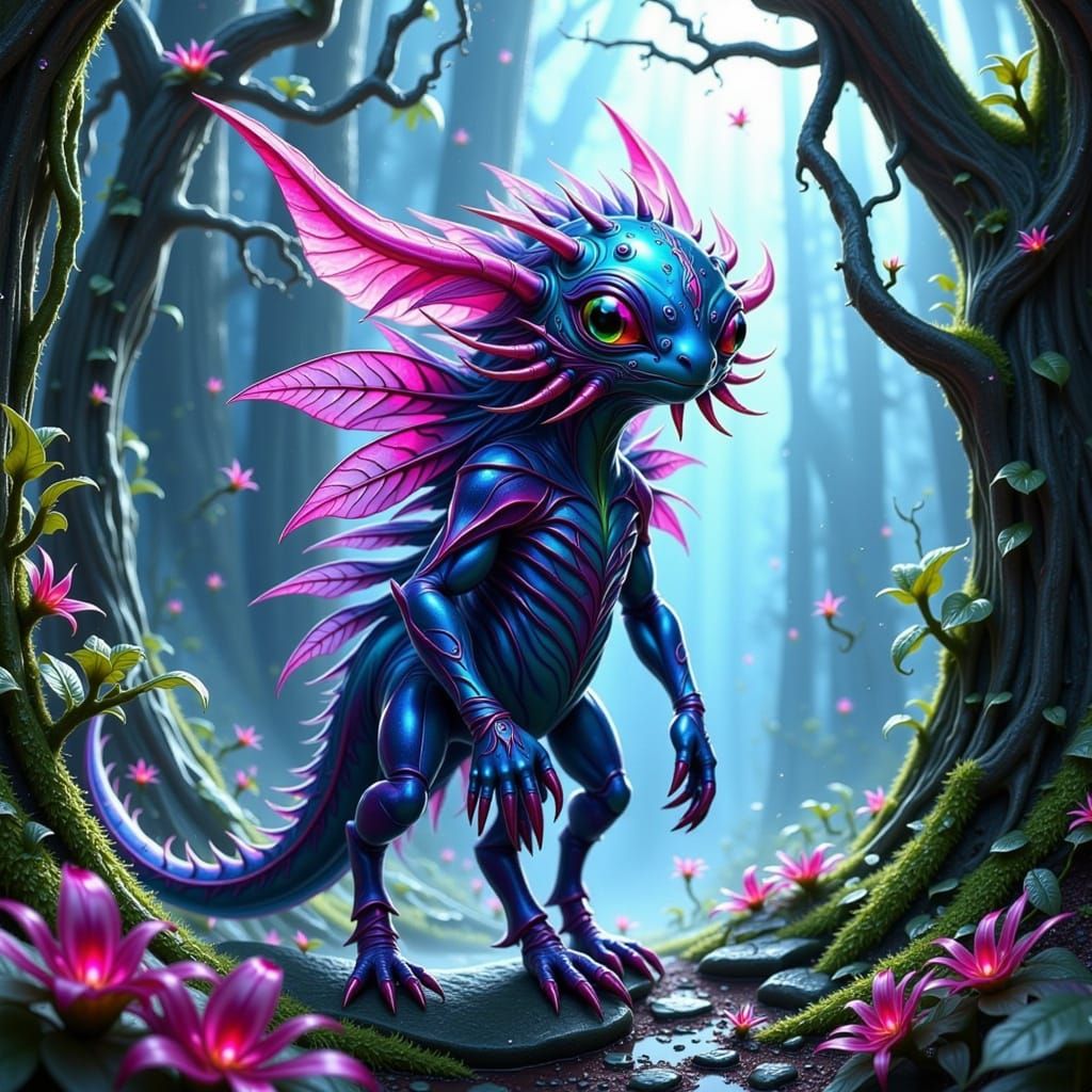 Majestic Volcano Berry Monster in Vibrant Futuristic Jungle