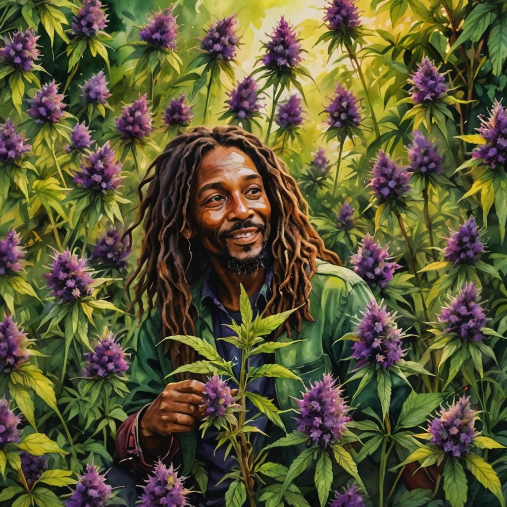 Jamaican Purple Cannabis Plant Watercolor Illustration