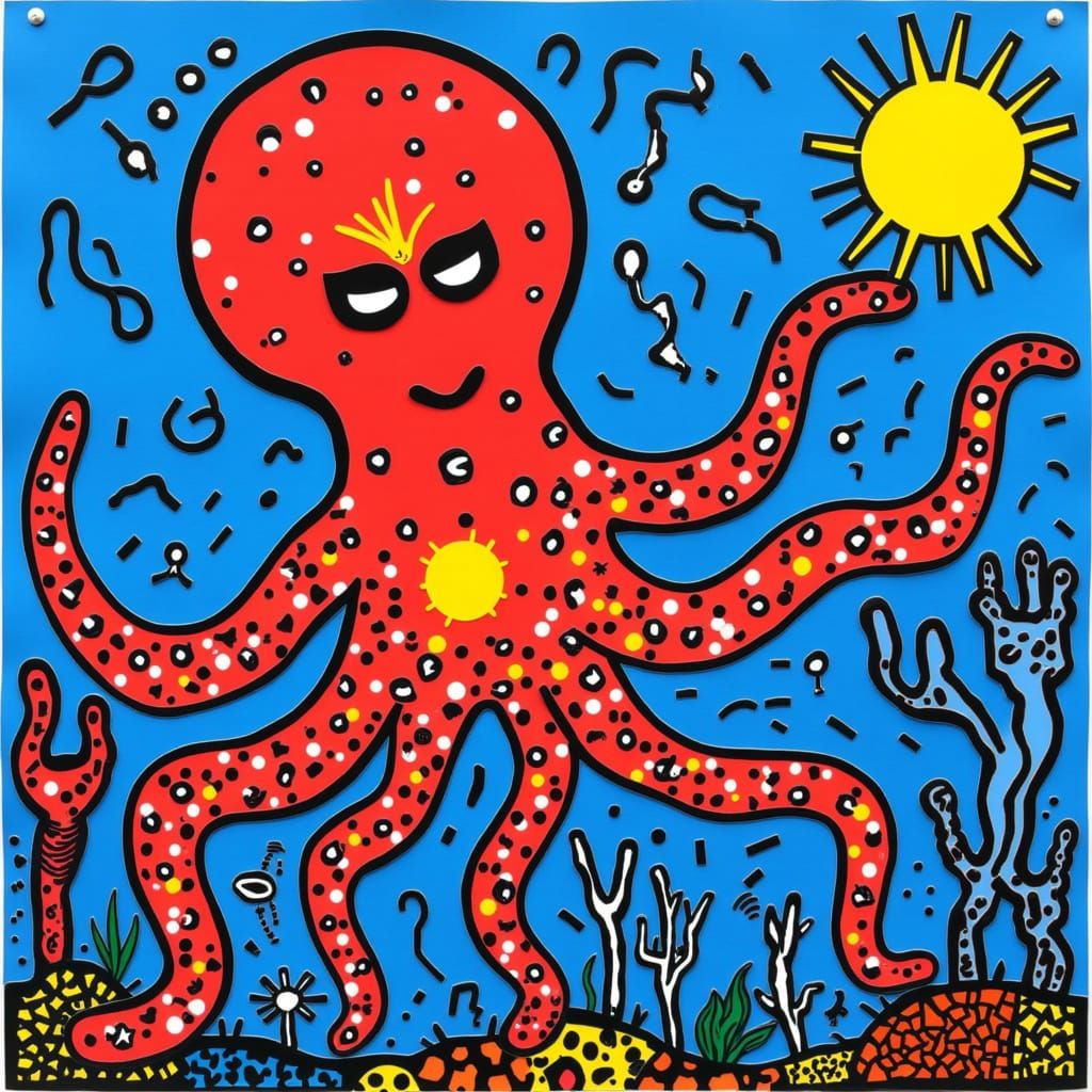 Spotty Octopus in Ocean: Haring-esque Surreal Collage Art