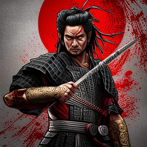 Samurai Warrior in Red and Black, Hyperrealistic Art