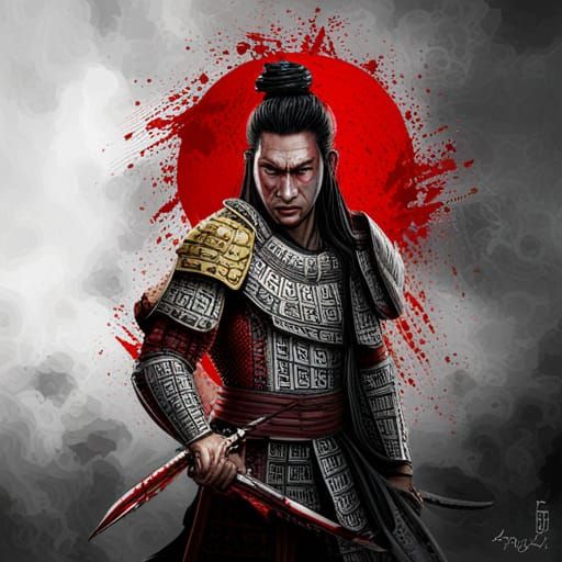 Samurai Warrior in Deep Red and Gray, Hyperrealistic