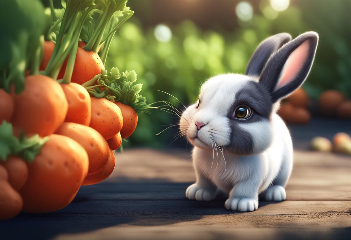 Hyperrealistic Baby Rabbit Eating Carrot in Sunlight