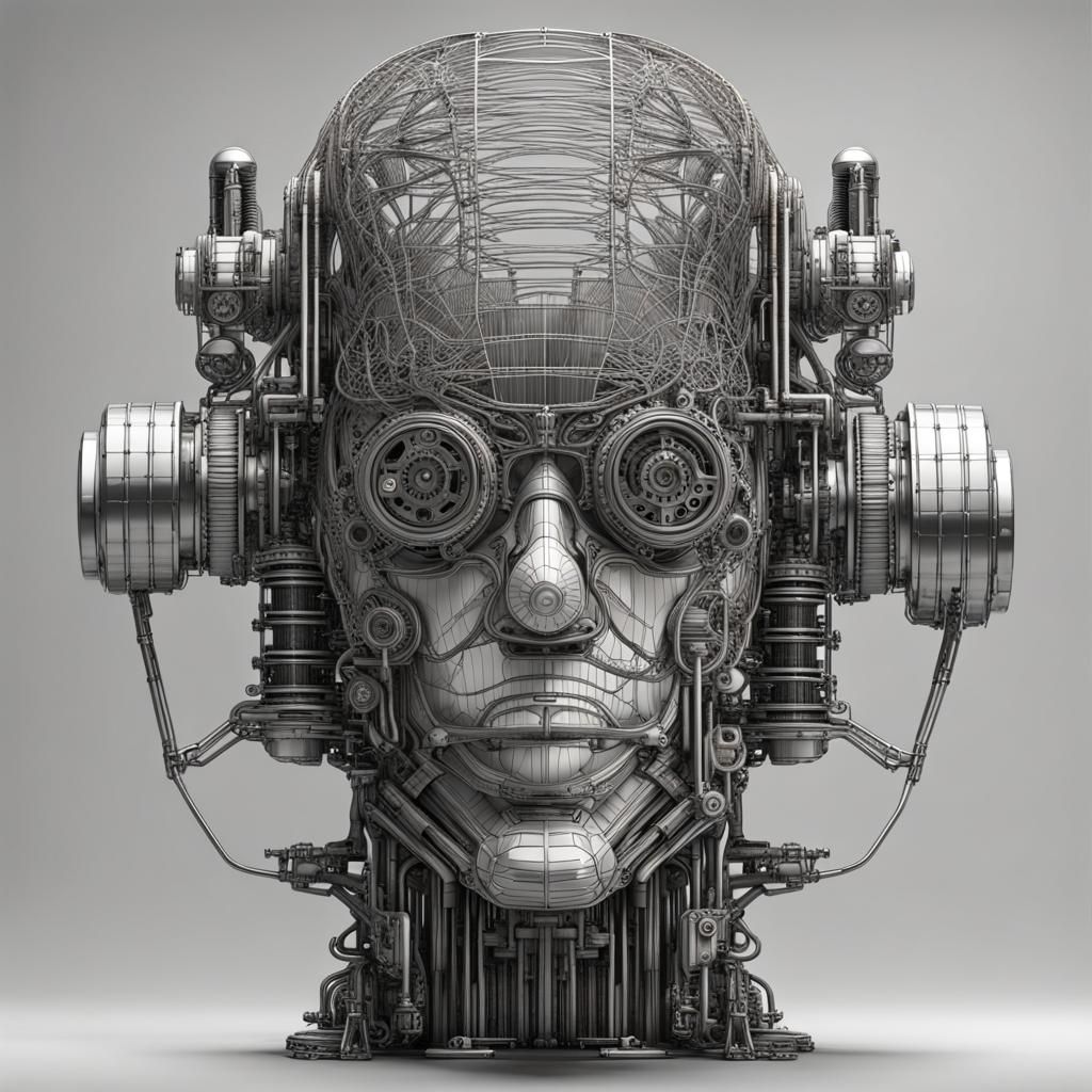 Steampunk Cyber Head with Wireframe Design