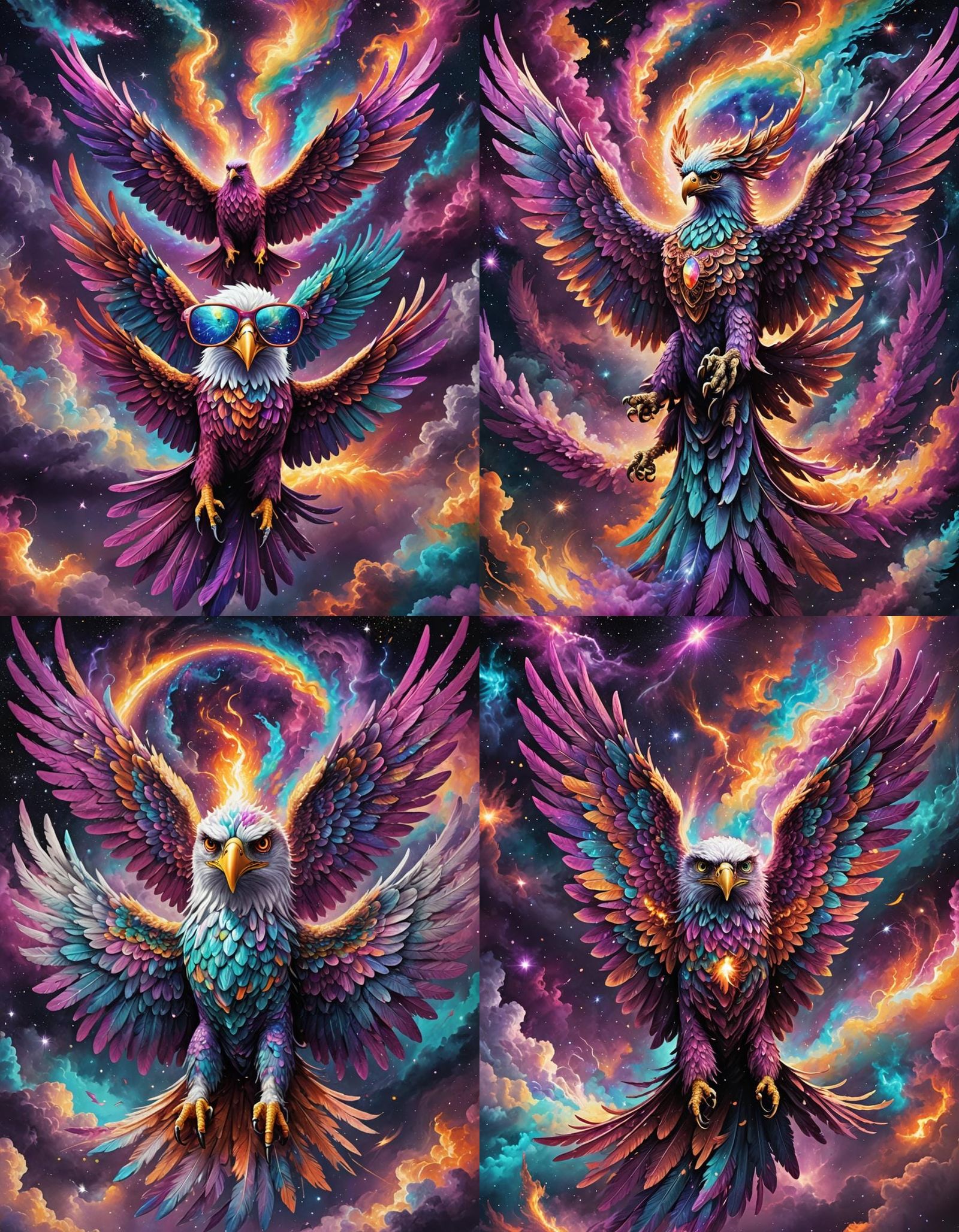 Winged Eagle Soaring Through Psychedelic Cosmic Storm