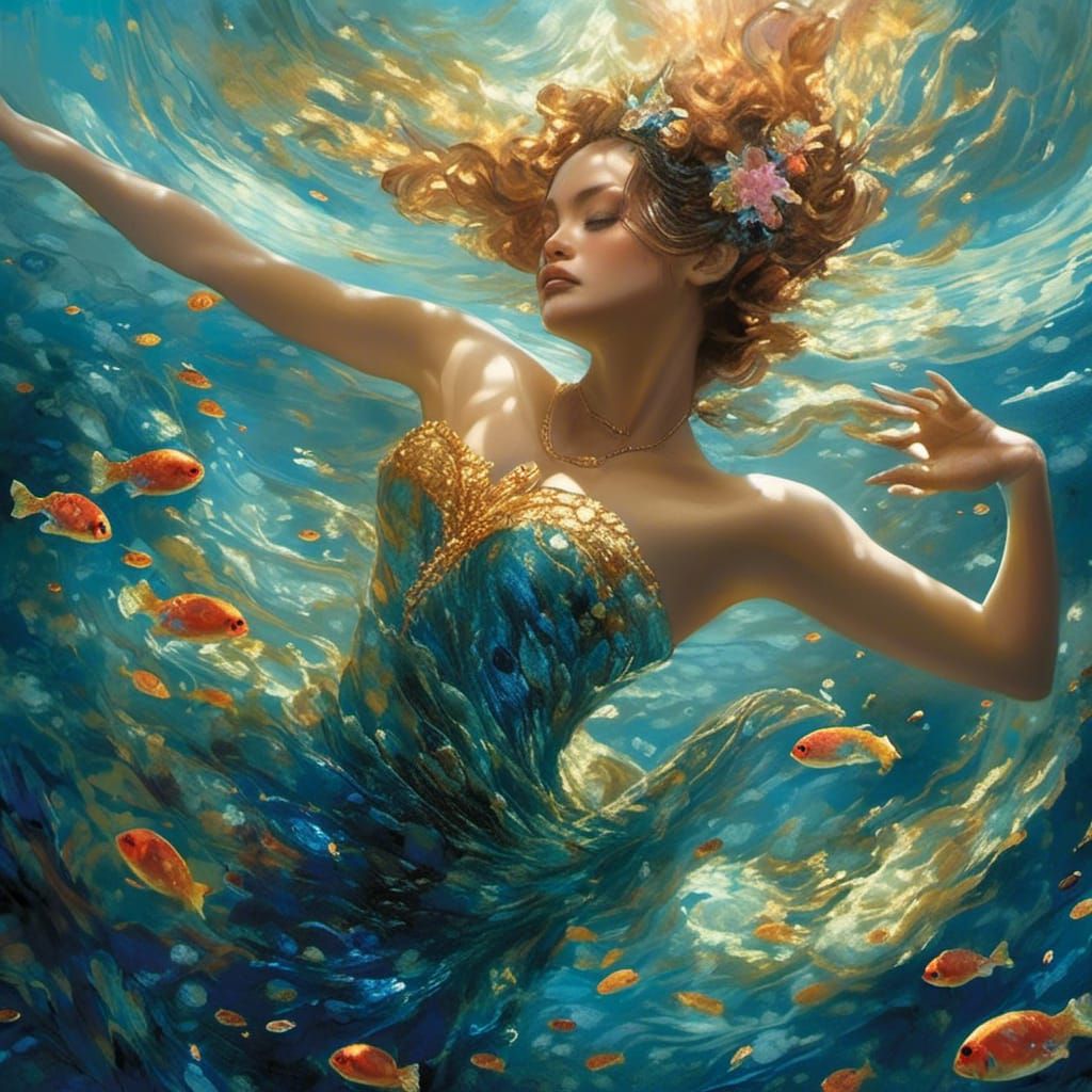 Bioluminescent Aquatic Dance in Art Nouveau Style