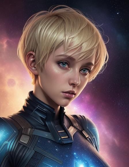 Blonde Woman in Space Suit with Pixie Cut