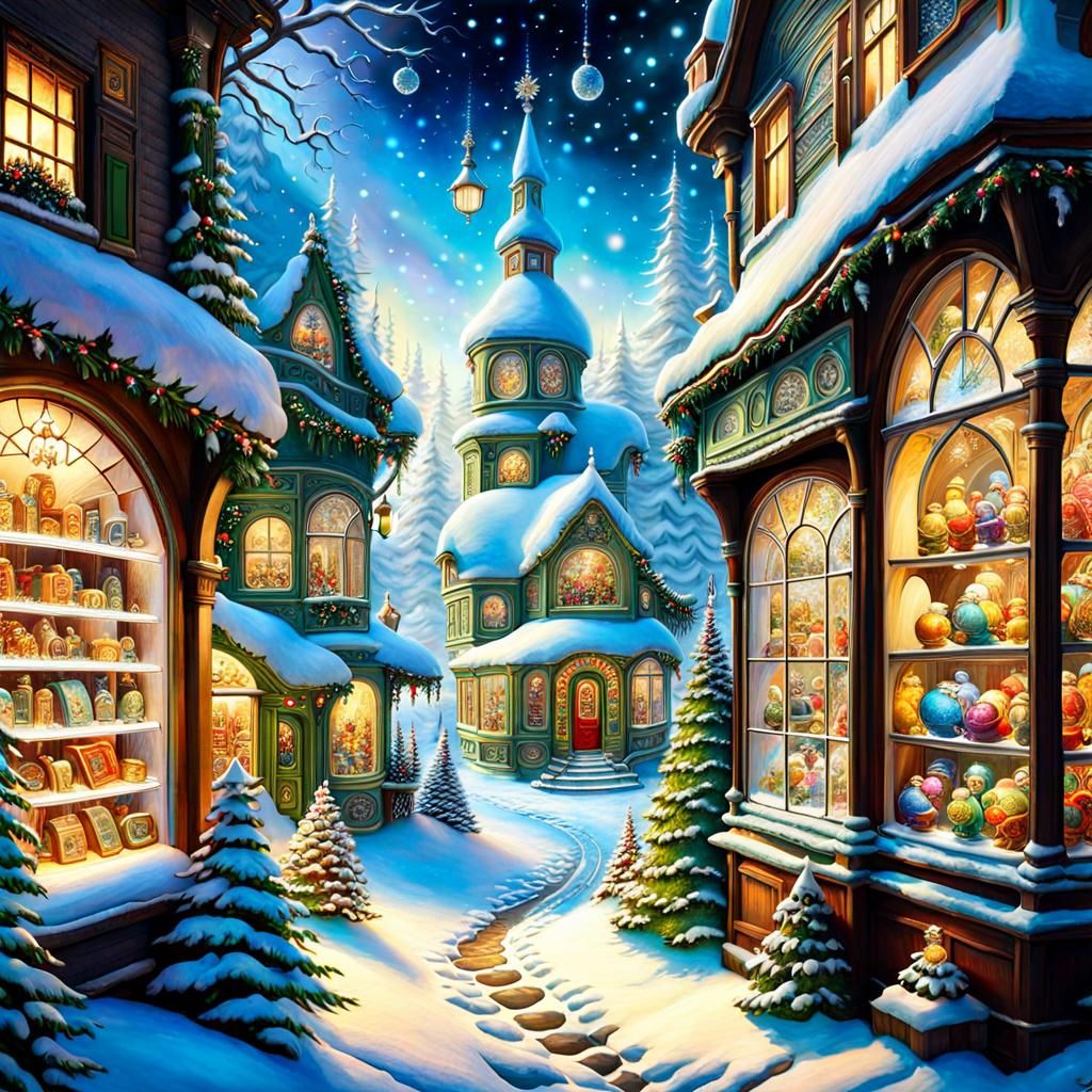 Enchanting Toy Store Window in Winter Wonderland