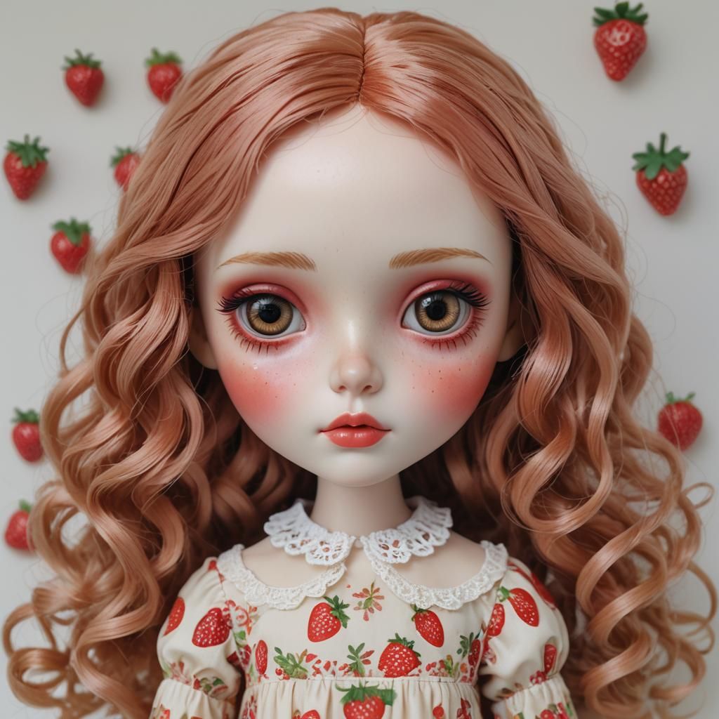 Hyperrealistic Blythe Doll Portrait with Strawberry Dress