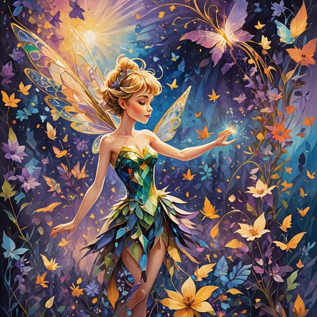 Cubist Tinkerbell Portrait in Surreal Landscape
