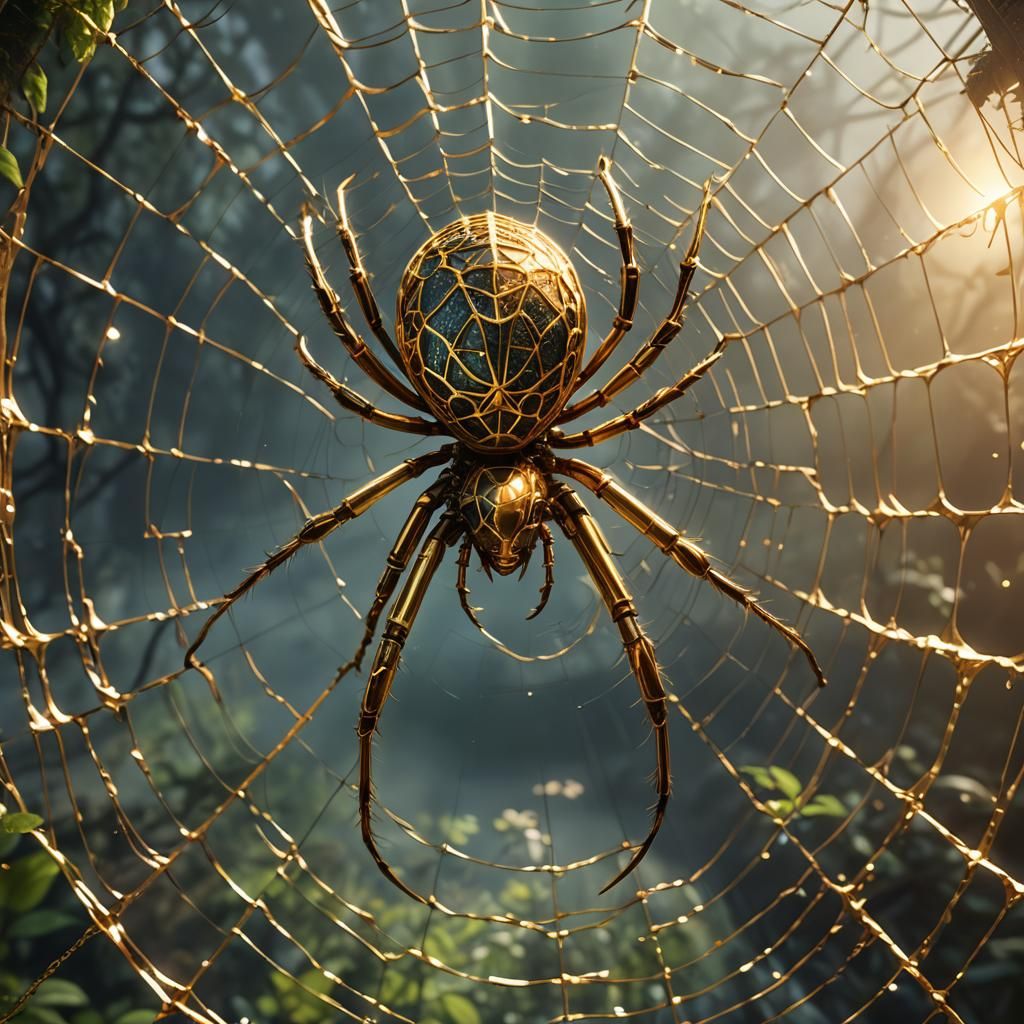 Giant Golden Spider Weaving Web in Perpetual Sunlight