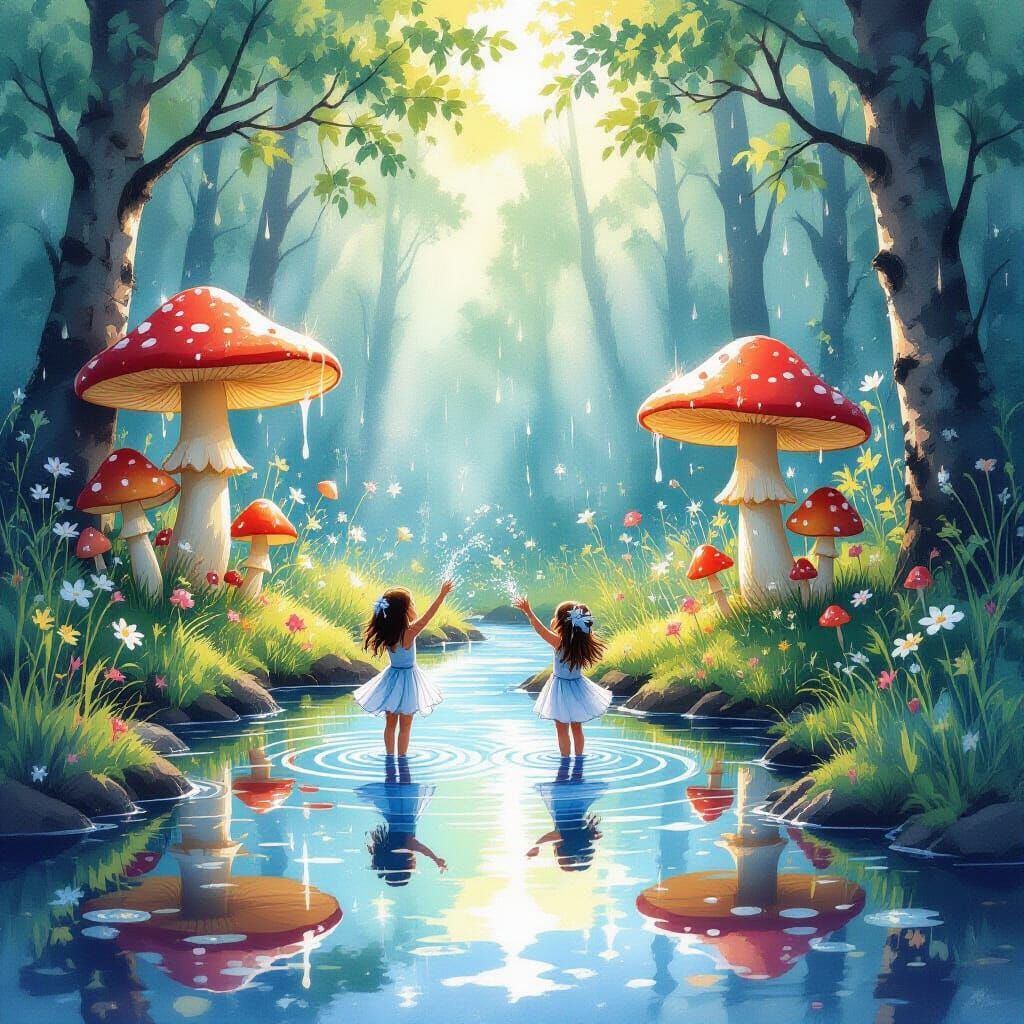 Woodland Nymphs Playing in Puddles: Watercolour Art