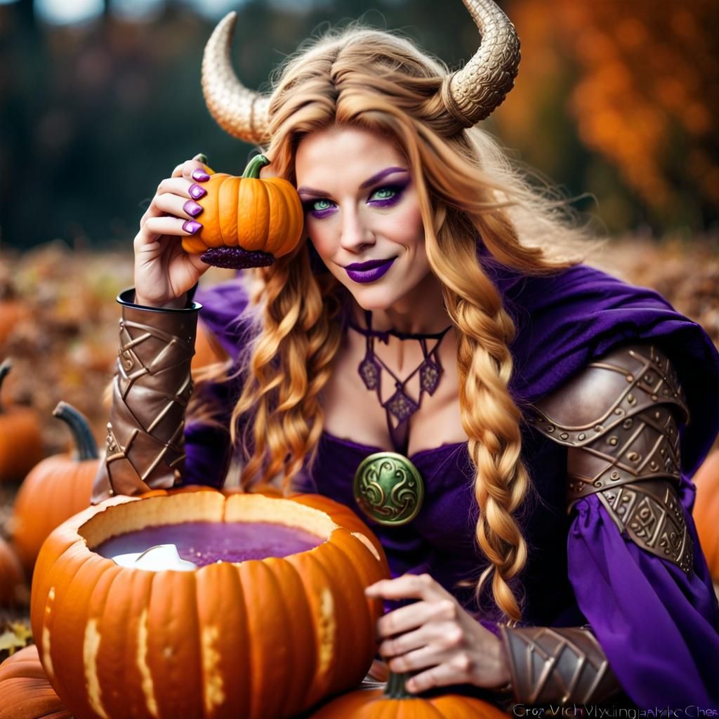 Valkyrie Witch on Pumpkin with Coffee