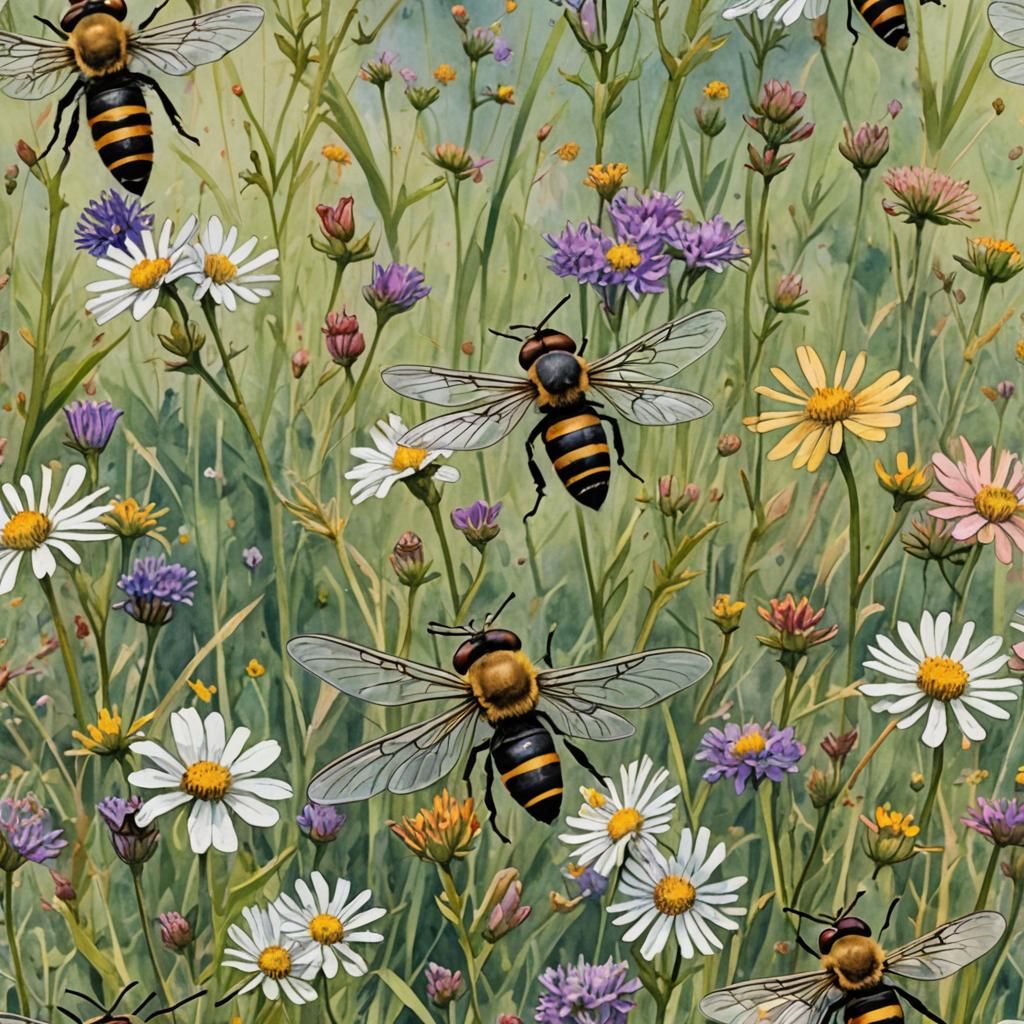 A water color  of a Japanese bee fly in open habitats such a...