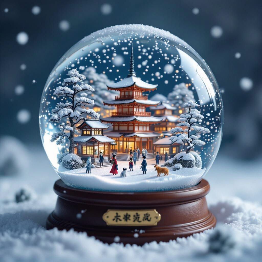 Miniature City Inside Snow Globe, Ethereal Japanese Style