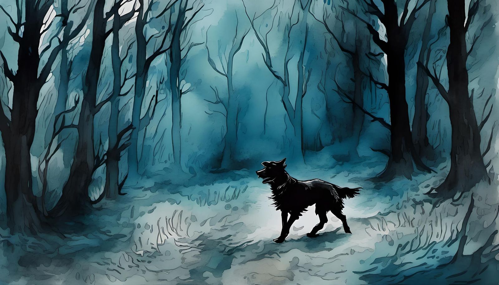 Black Dog Runs at Night in Watercolor