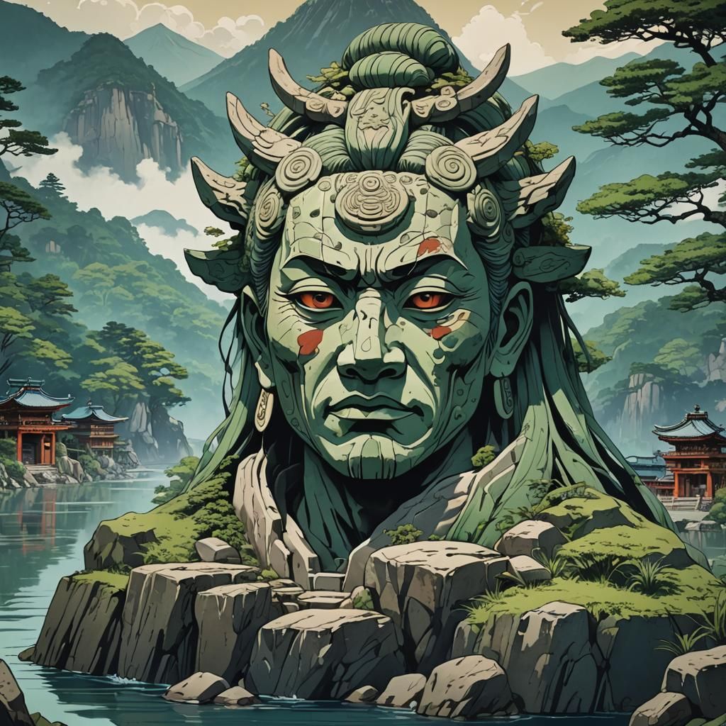 Stone Face Carving Near Lake and Shrine: Anime Style