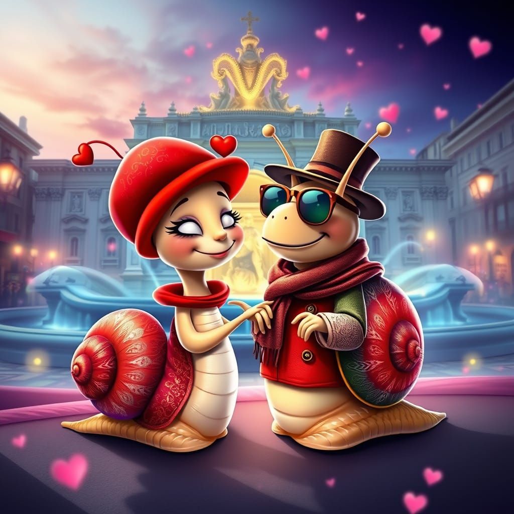 Romantic Italian Snail Couple Under the Trevi Fountain