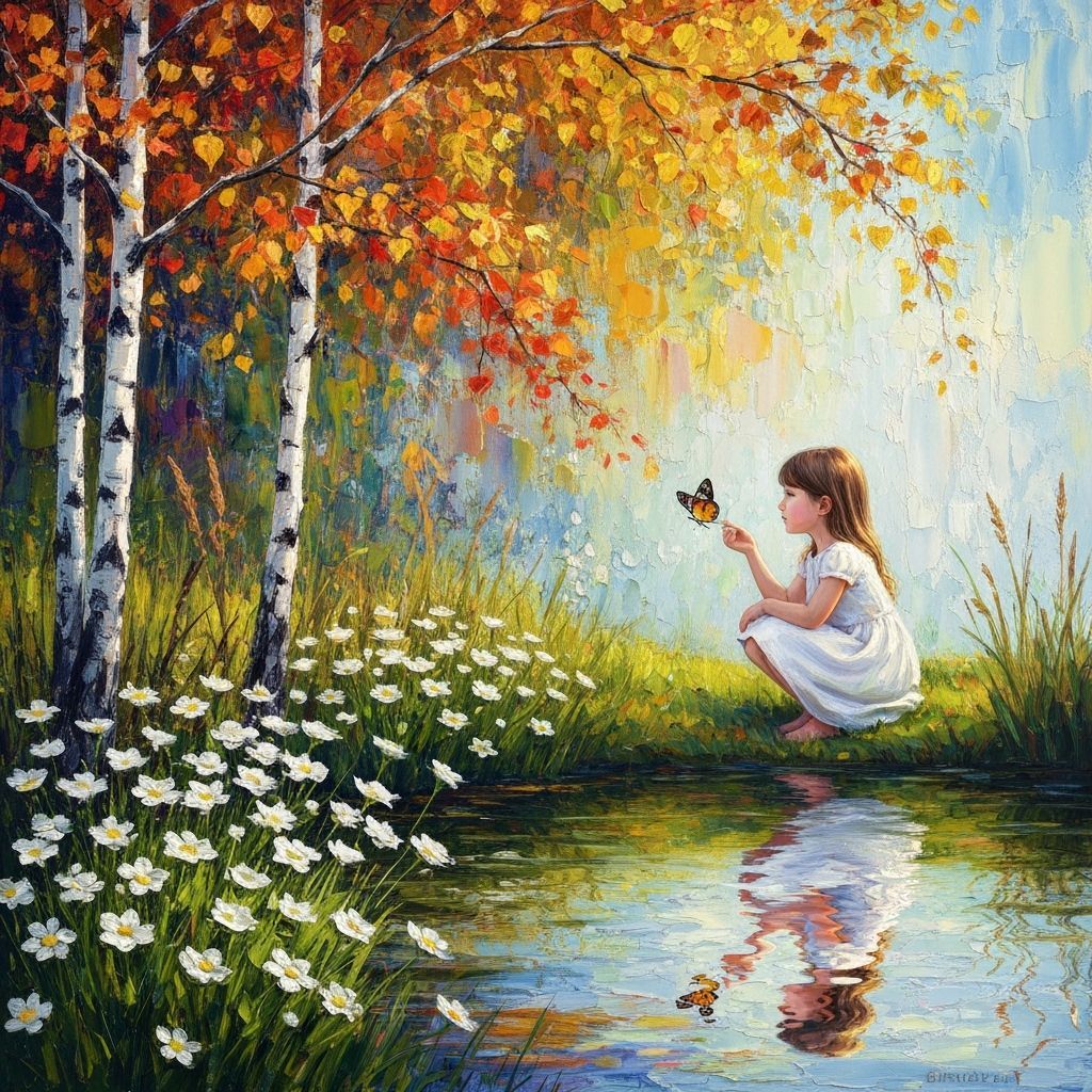 Impressionist Girl Gazes at Butterfly by Pond