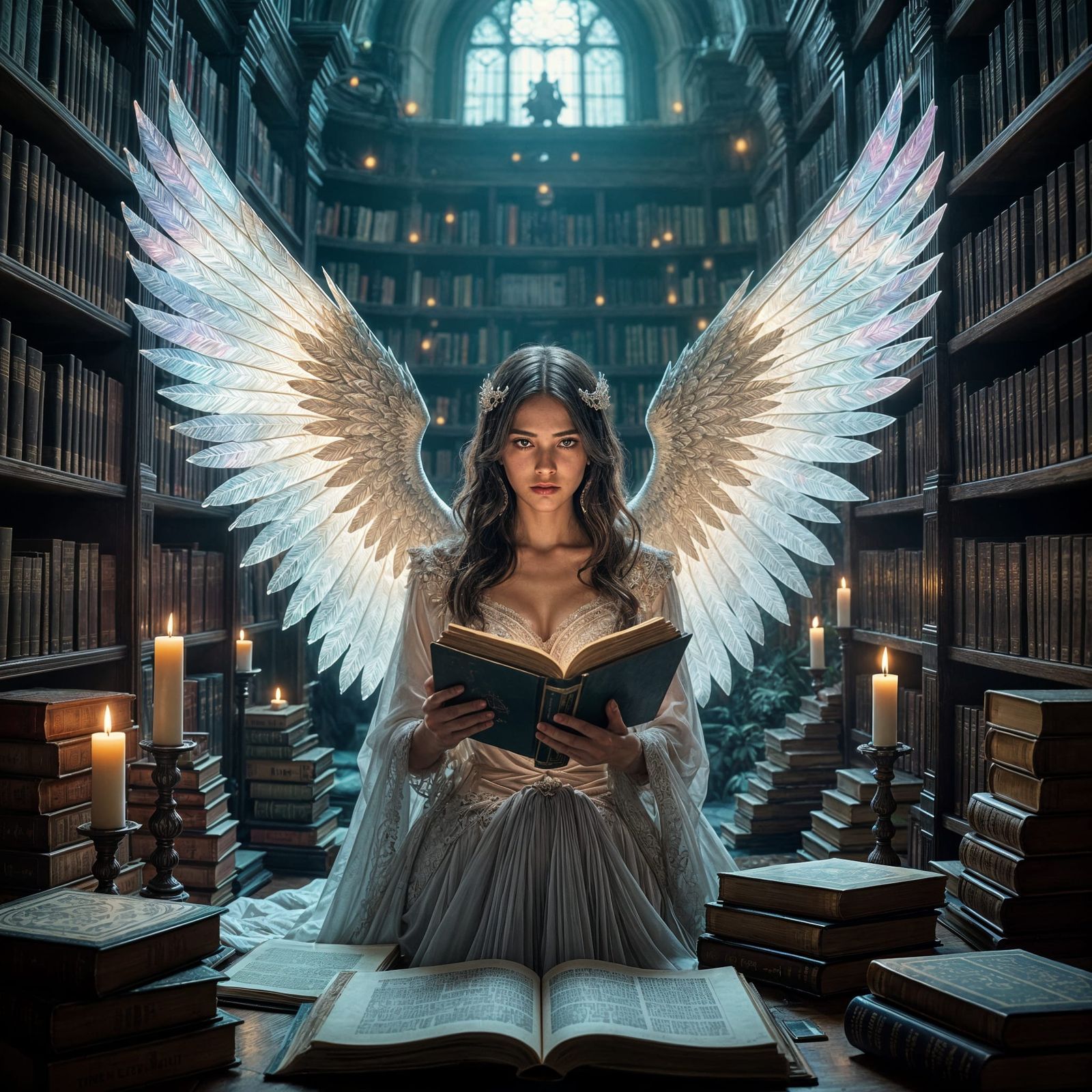 Celestial Librarian with Iridescent Wings in Dramatic Lighti...
