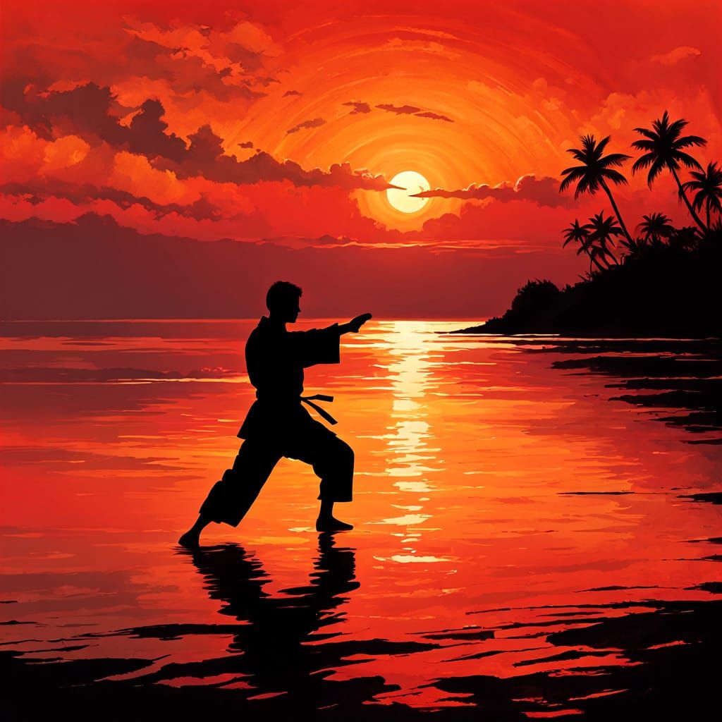 Dynamic Karate Silhouette at Sunset