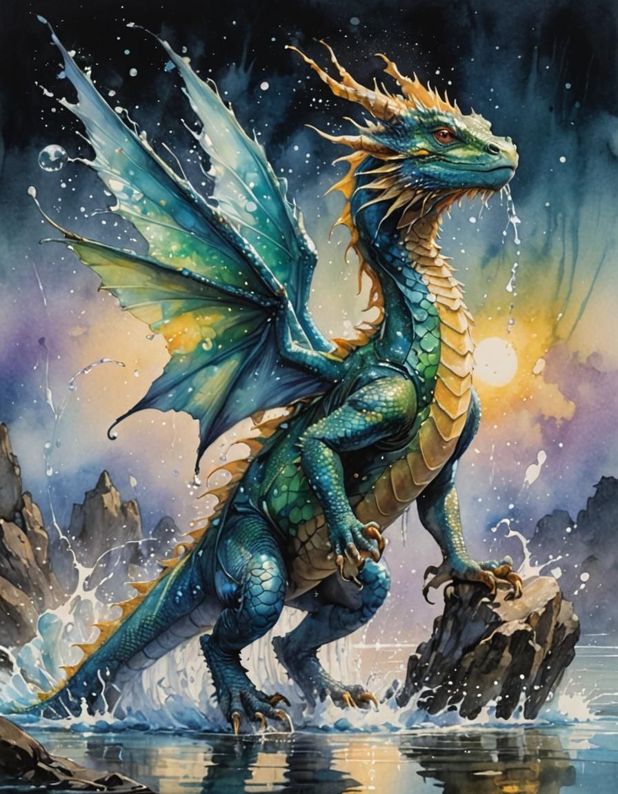 Water Dragon with Fairy Wings in Watercolor Art