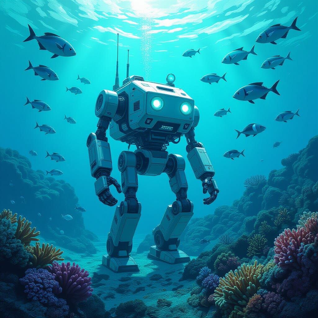 Futuristic Ocean Robot on Coral Reef