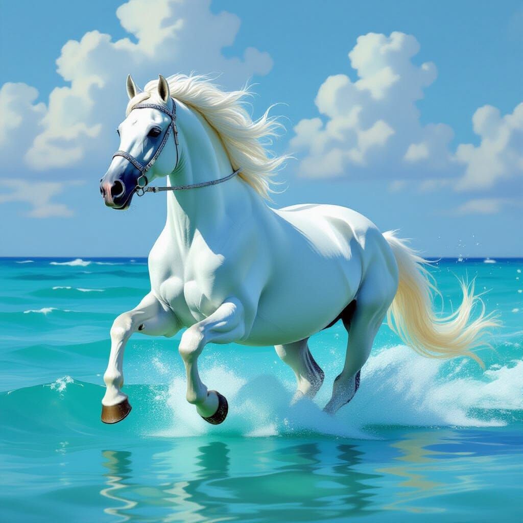 Majestic White Horse on Turquoise Water