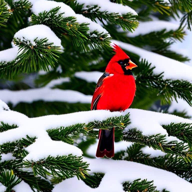 Red Cardinal in Snowy Evergreen Tree