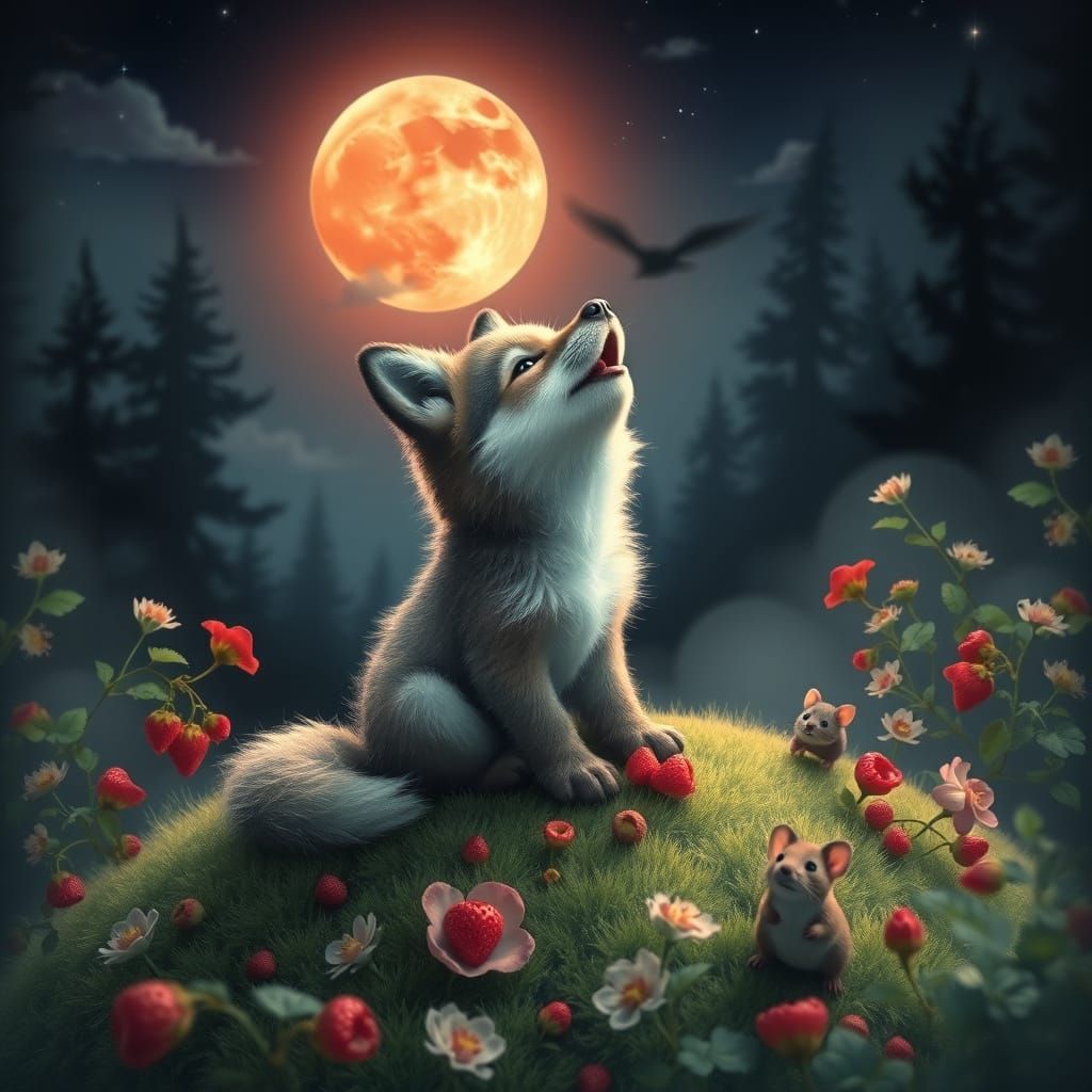 Whimsical Baby Wolf Howling in Surreal Moonlight