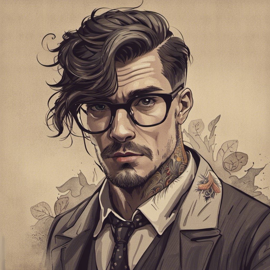 Stylish Hipster Man Portrait with Tattoos and Dark Hair