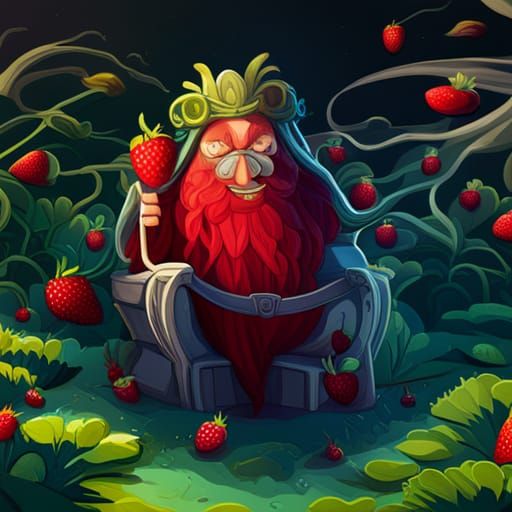 Evil Strawberry King Cartoon in Hyperdetailed Matte Painting