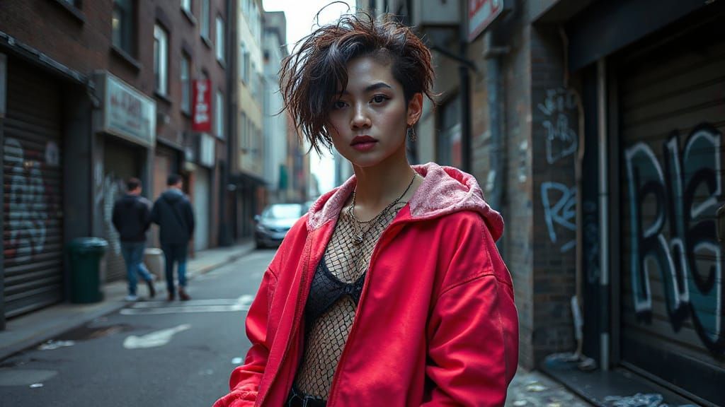 Urban Streetwear Goddess in Neon Lights