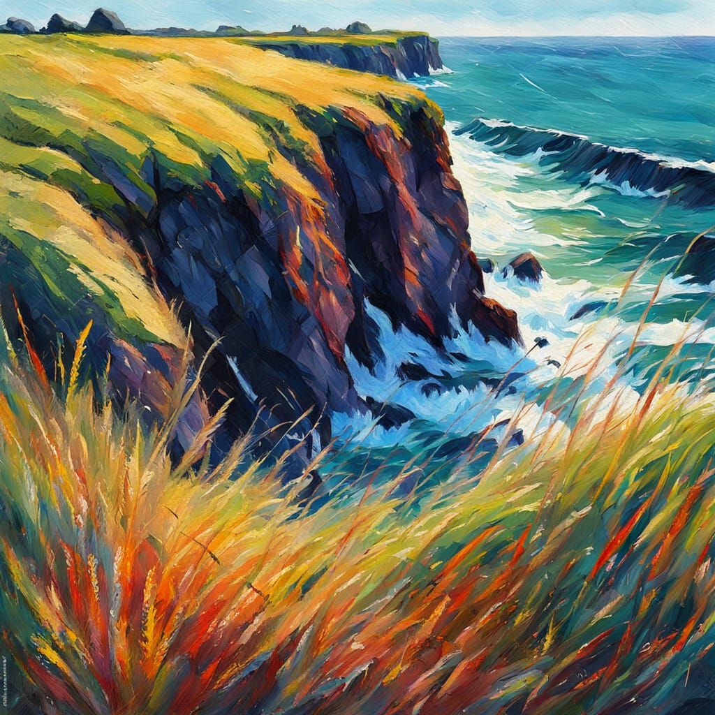 Impressionist Cliff Edge with Ragged Grass and Waves