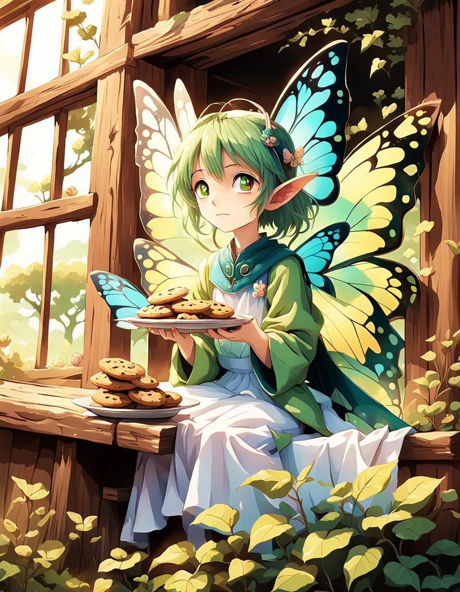 Anime Fairy Eats Cookie on Farmhouse Windowsill