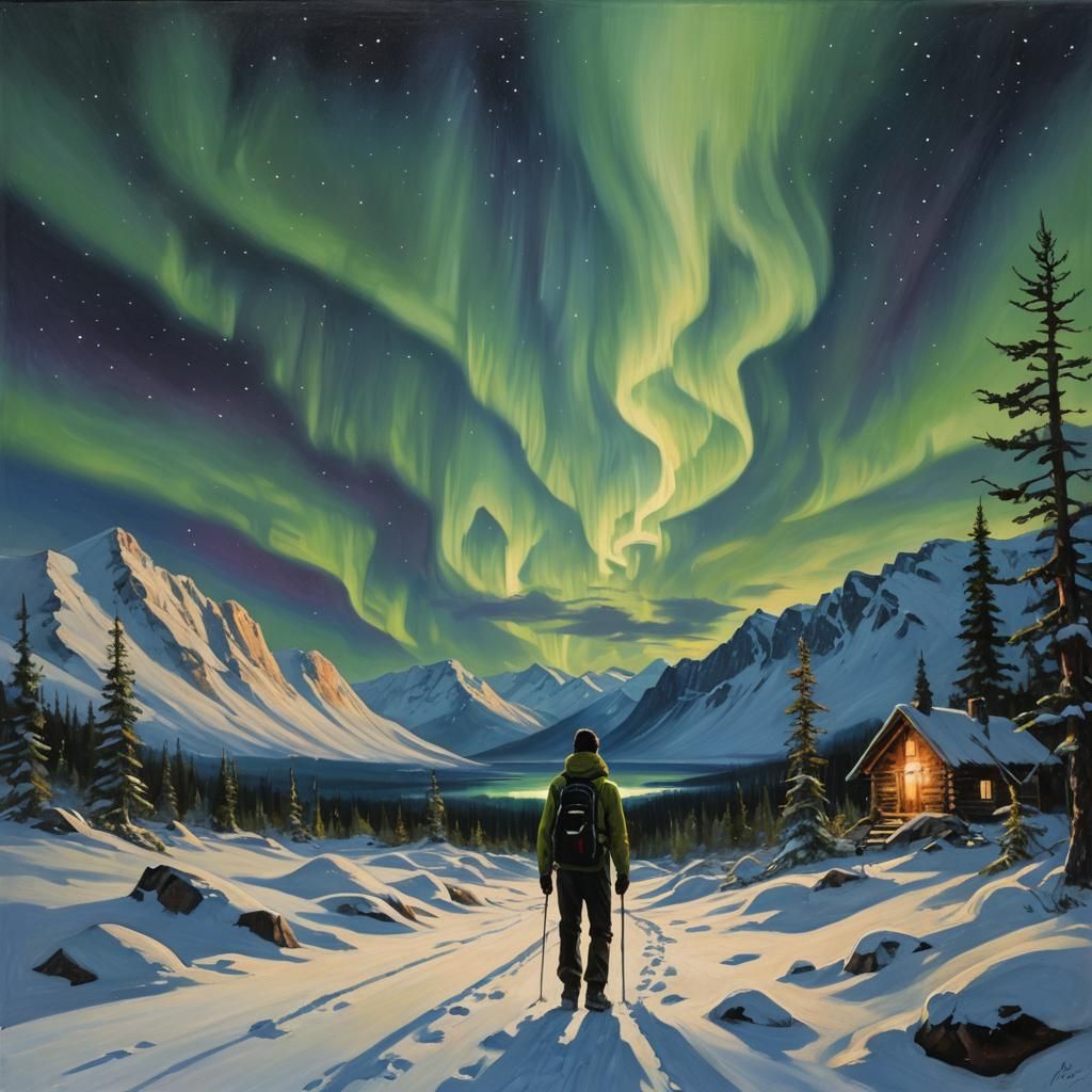Northern Lights Oil Painting by James Gurney Style
