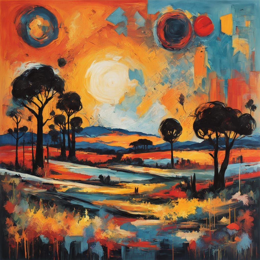 Abstract Expressionist Savanna Sunset With Geometric Shapes