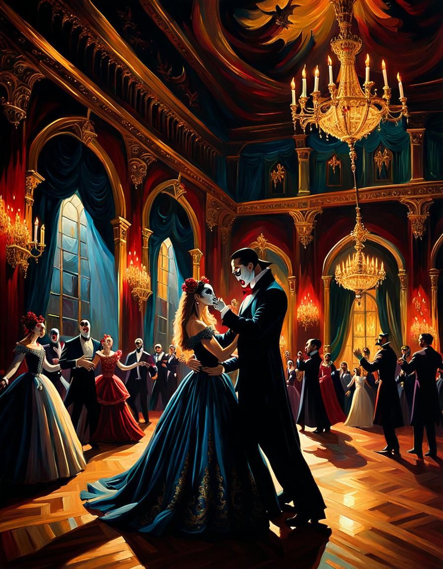 Vampire Masquerade Ball: Gothic Oil Painting in Ballroom