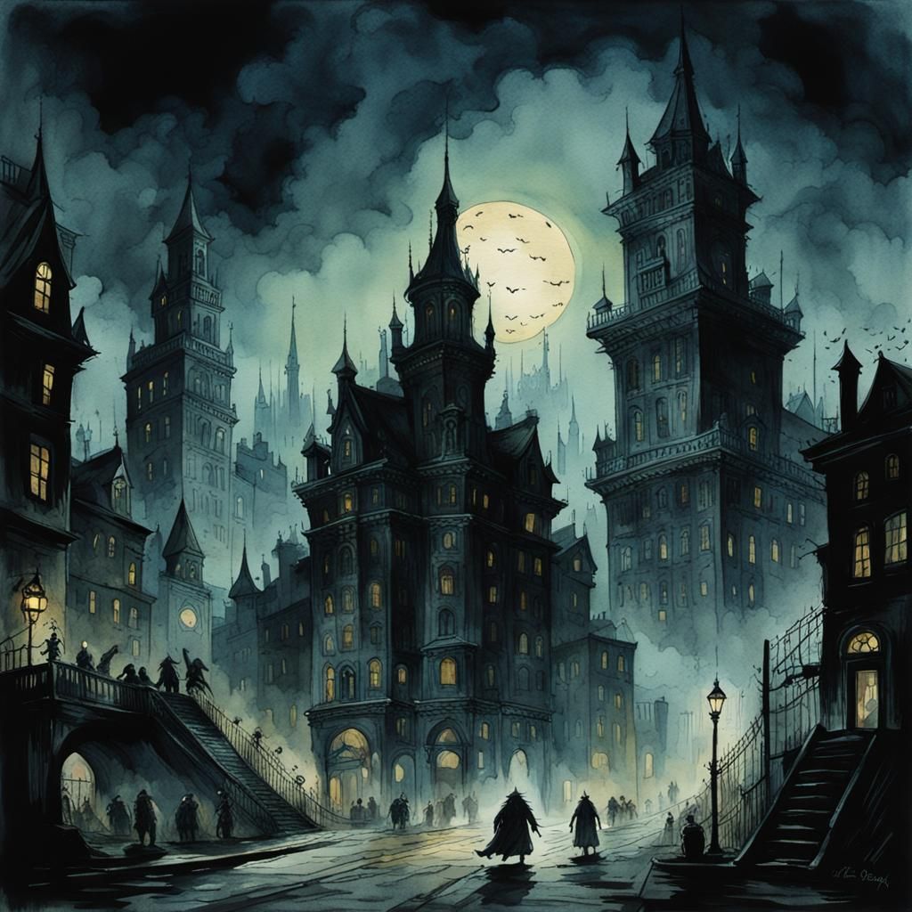 Dark Monster City in Moody Watercolor Style
