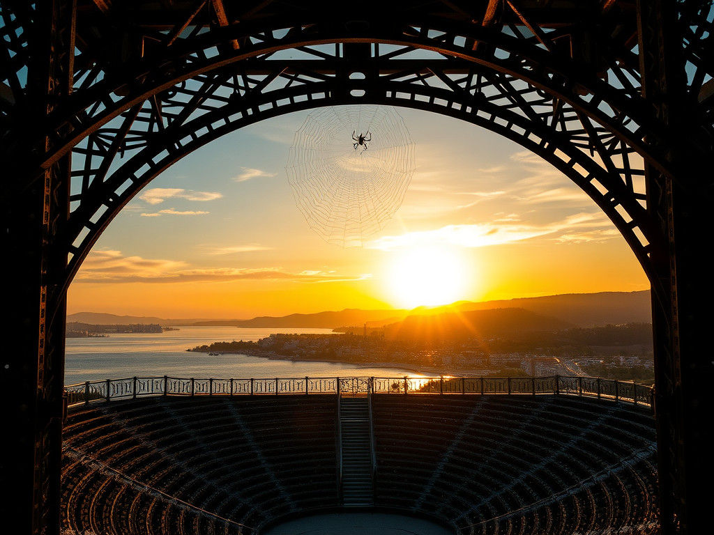 Sunset Over Ornate Bridge with Spiderweb Glimmer