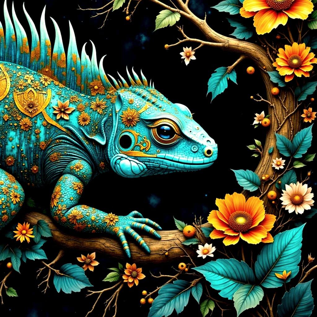 Art Nouveau Iguana in 3D with Vivid Colors