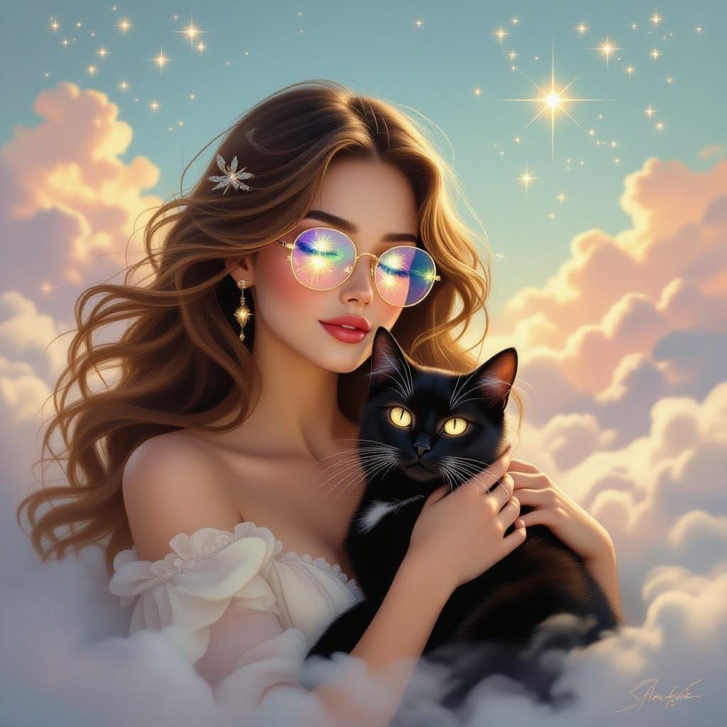 Surreal Dreamlike Painting of Woman and Cat Under Starlit Sk...