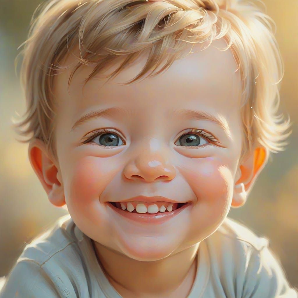 Smiling Baby Boy Portrait in Oil Painting Style