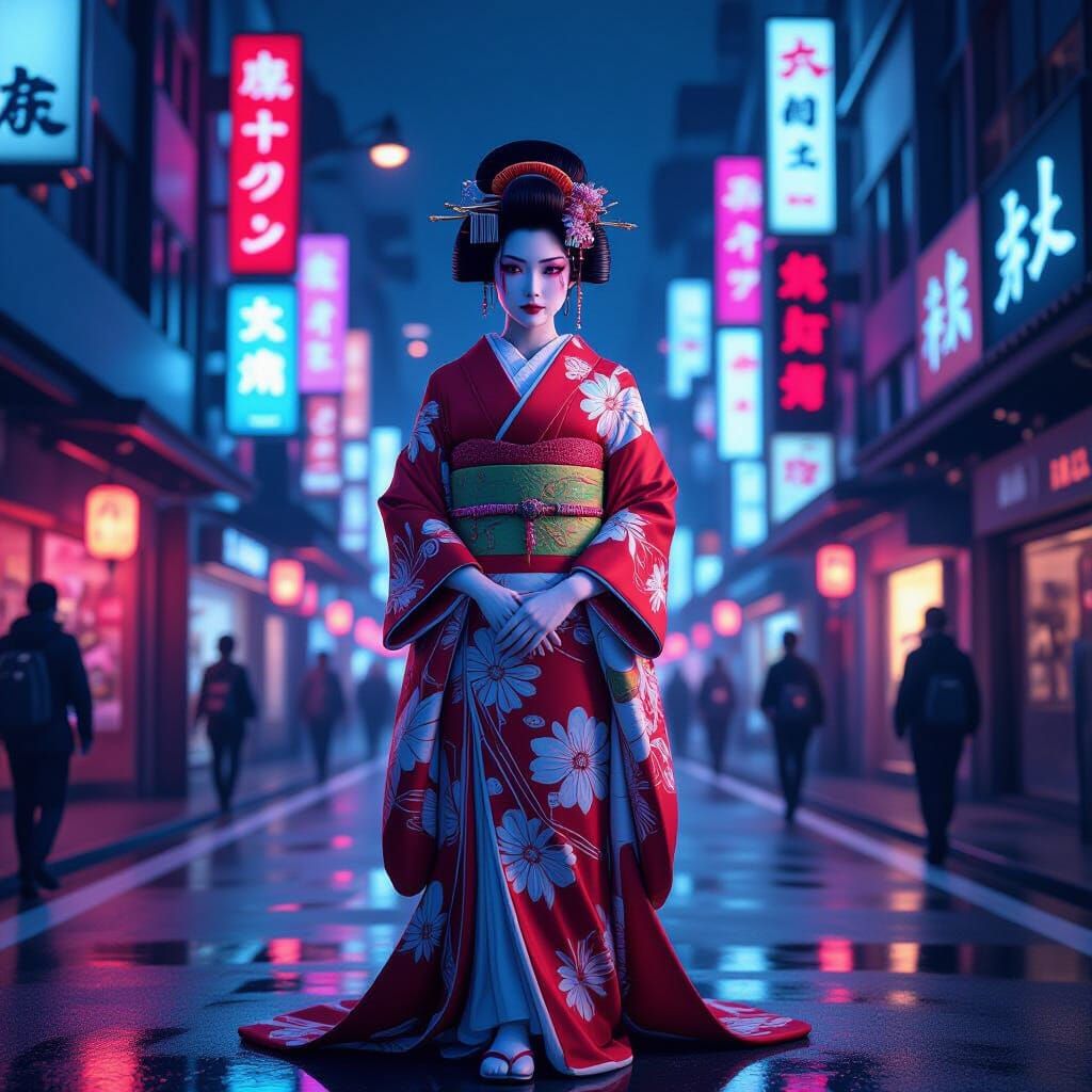 Cyberpunk Geisha in Futuristic Tokyo, Digital Art