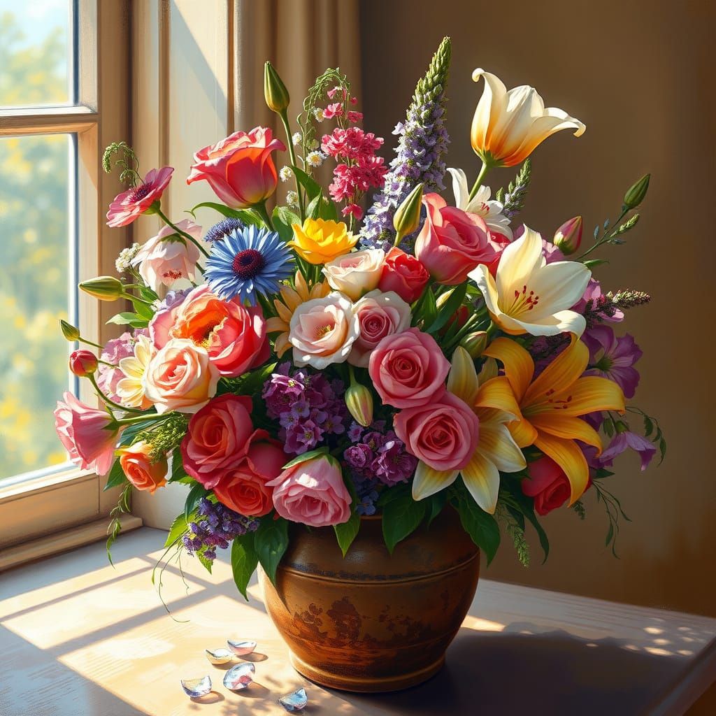 Impressionistic Oil Painting of Vibrant Flower Bouquet