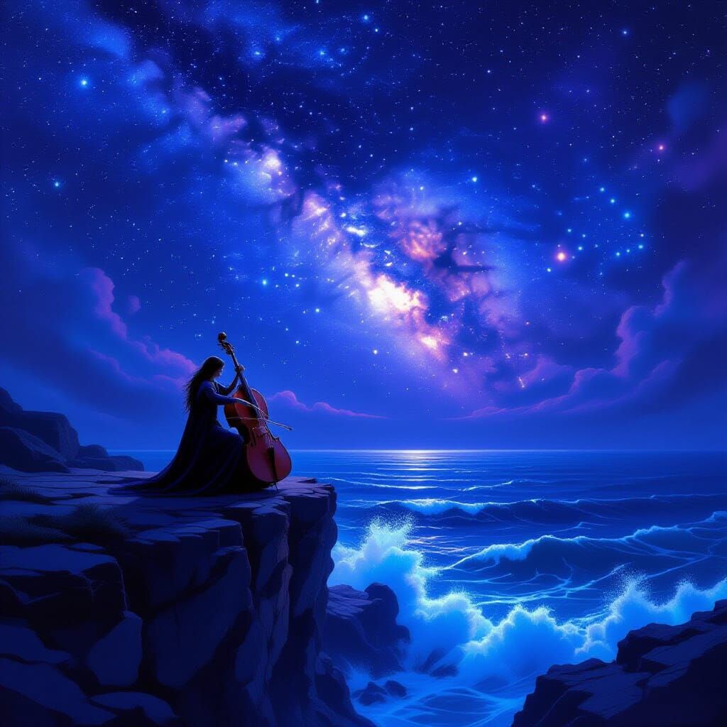 Musician on Cliff Overlooking Starlit Ocean, Playing Spectra...