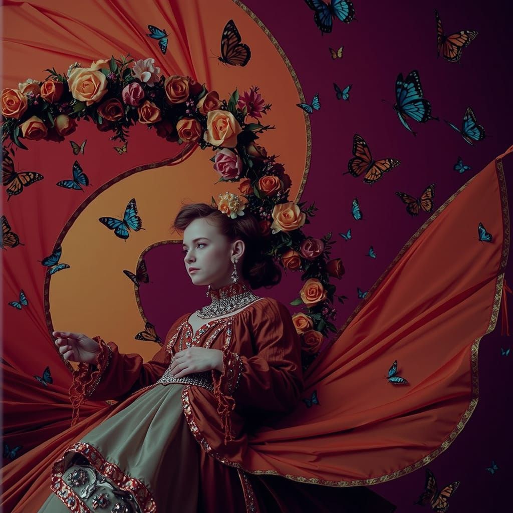 Radiant Woman in Citrus Light Gown with Butterflies
