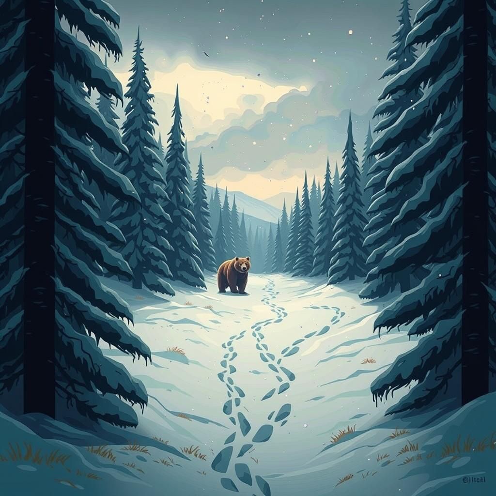 Grizzly Bear in Snowy Landscape, Minimalist Vector Art